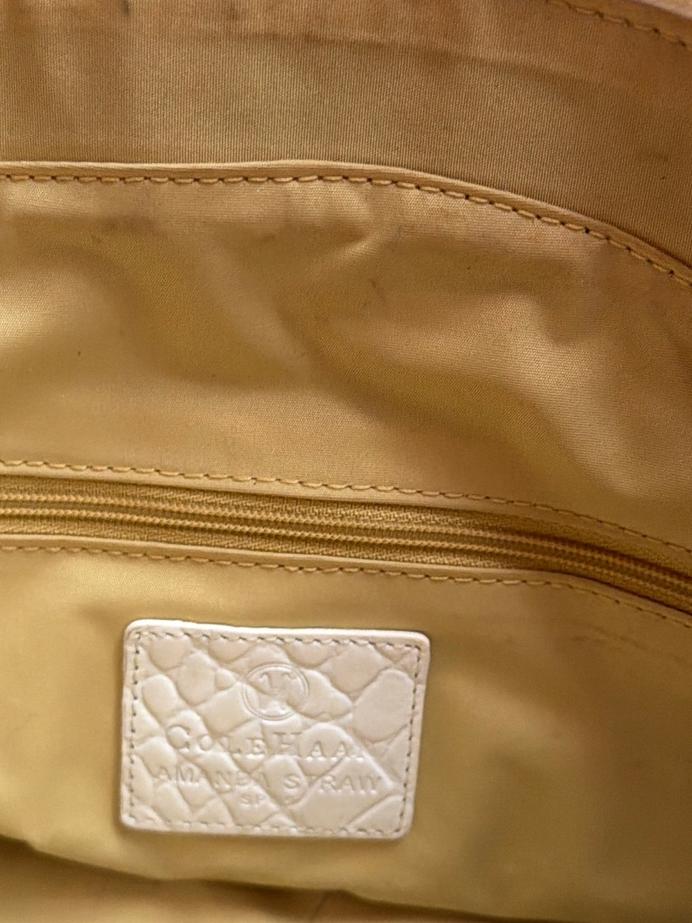 Cole Haan White Croc-Embossed Trim Straw Tote with Silver Buckle - Picture 7 of 13